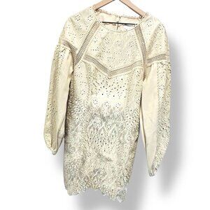 Ivory Cream Embroidered  Balloon Sleeves Lined Statement Dress Womens Size 10